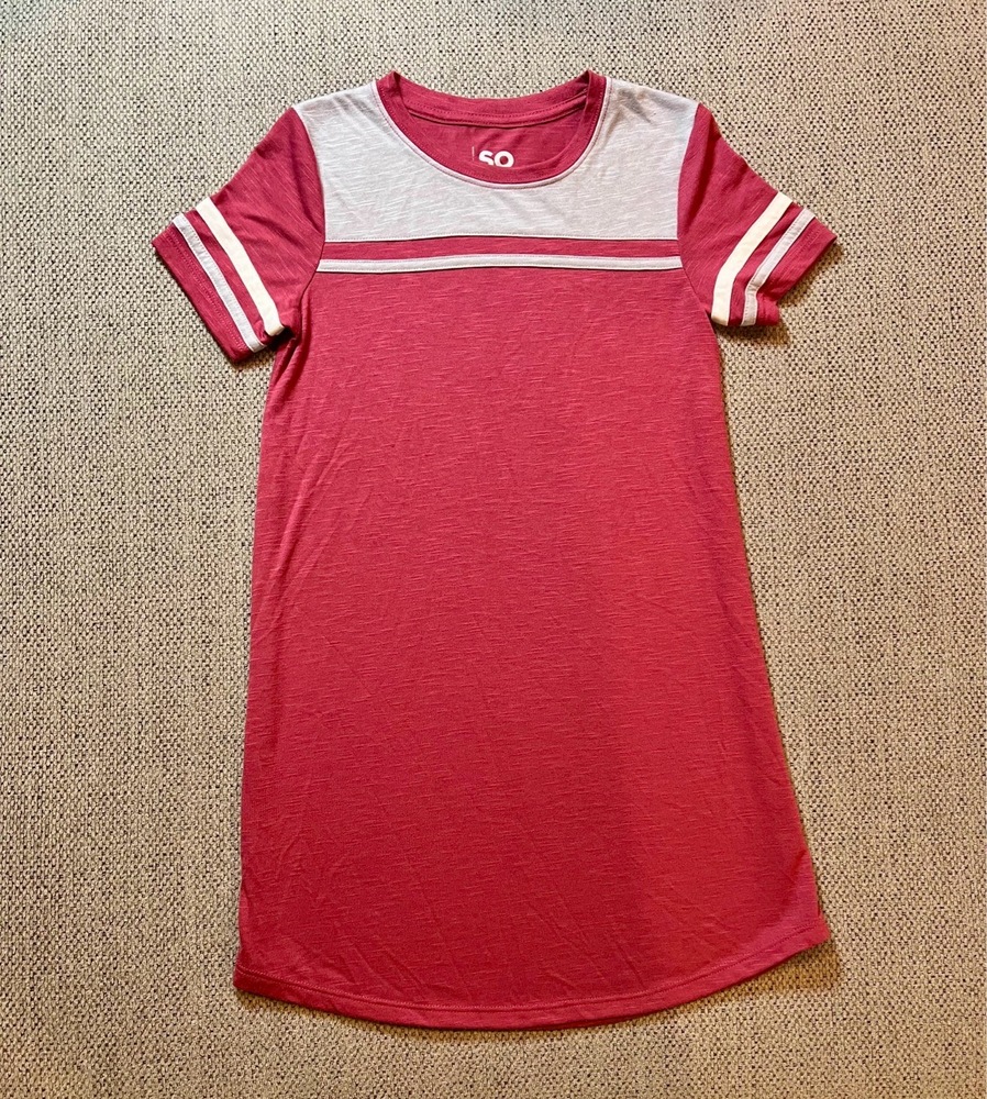 SO TShirt Dress Girls Medium 8 Crimson Red Grey Soft Short Sleeve Ringer Casual